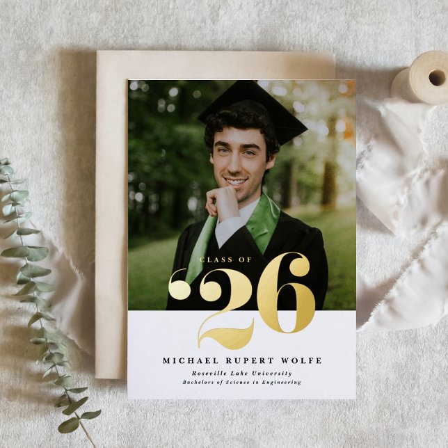 Class of 2026 Typography Photo Graduation Gold (Customizable gold foil class of 2026 graduation invitation featuring bold typography. )