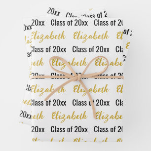 Class of 2027 and Graduate's Name White Black Gold Wrapping Paper Sheet