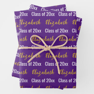 Class of 2027 Grad's Name Royal Purple White Gold Wrapping Paper Sheet