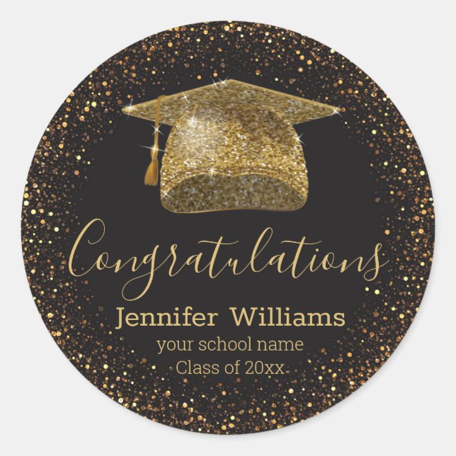 Class of 20xx graduate hat gold glitters black  classic round sticker (Front)