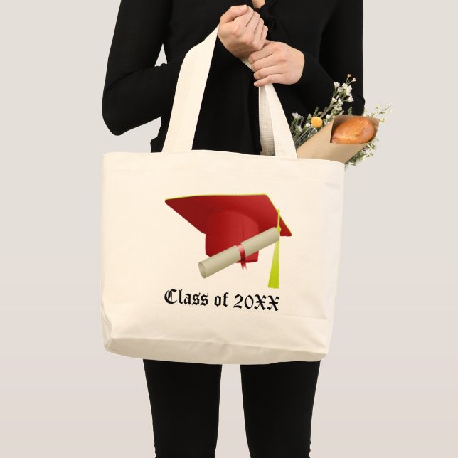 Class of 20XX Graduation Red Cap & Diploma Large Tote Bag (Front (Product))