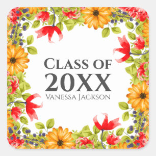 Class of 20XX Modern Bright Floral Graduation Square Sticker