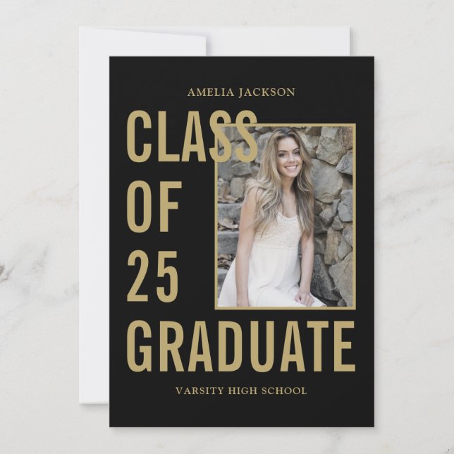 Class Of 25 Black & Gold 4 Photos Graduation Party Invitation (Front)