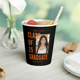 Class Of 25 Black & Orange Photo Graduation Party Paper Cups