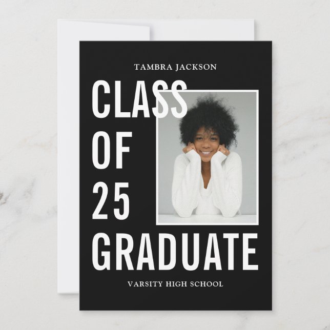 Class Of 25 Black & White Photo & Bio Graduation Announcement (Front)