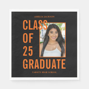 Class Of 25 Graduate Black & Orange Photo Napkin