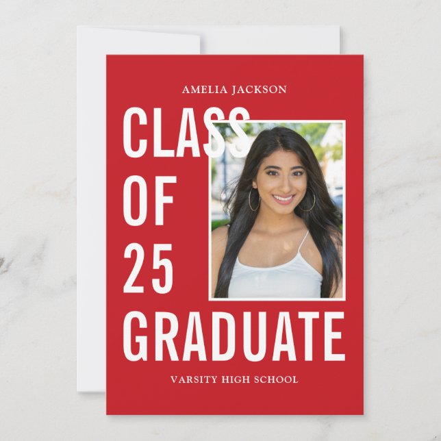 Class Of 25 Red & White Photo Graduation Announcement (Front)