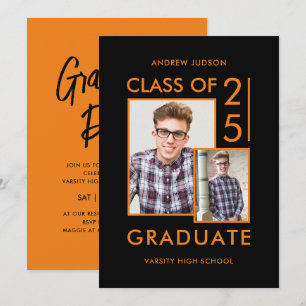Class Of 26 Modern Black & Orange Photo Grad Party Invitation