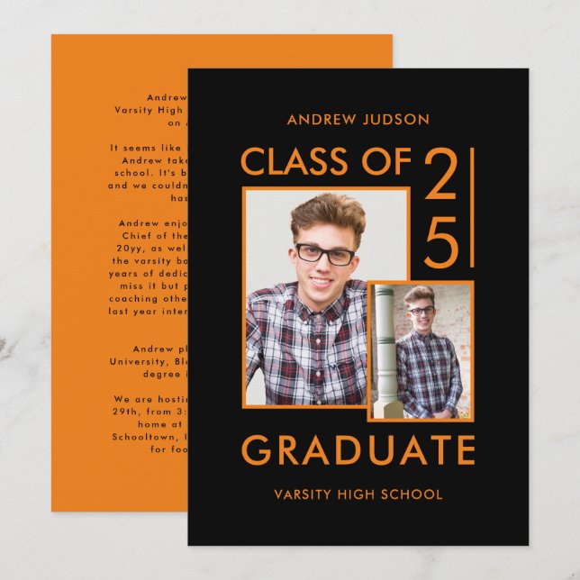 Class Of 26 Modern Black & Orange Photo Open House Invitation (Front/Back)