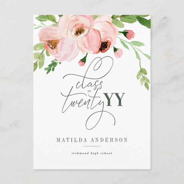Class of blush floral watercolor graduation invite (Front)