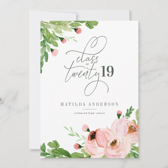 Class of blush floral watercolor graduation invite (Front)