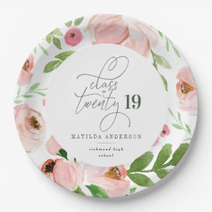 Class of blush floral watercolor graduation paper plate
