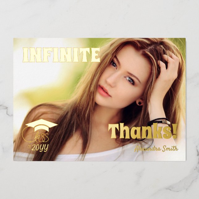 Class of-Custom Grad Photo Modern Script Thanks Foil Holiday Card (Front)