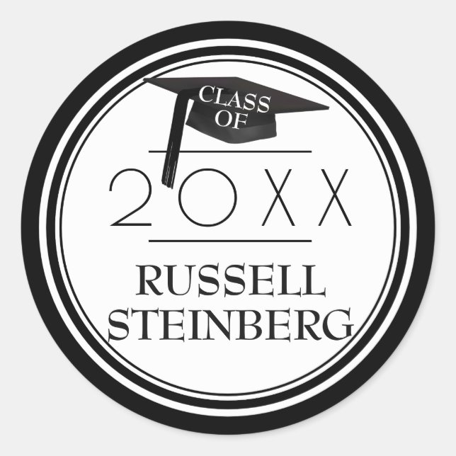 Class of | Grad Cap & Year | Black and White Classic Round Sticker (Front)