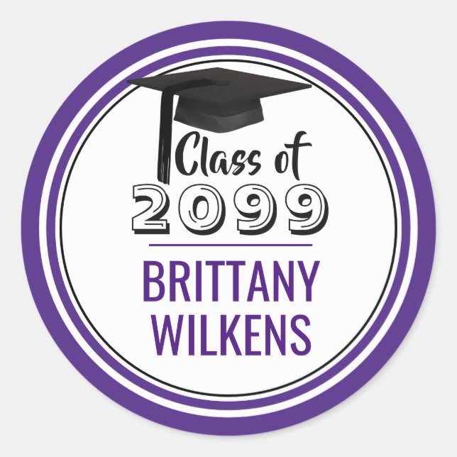 Class of | Grad Cap & Year | Editable Purple Classic Round Sticker (Front)