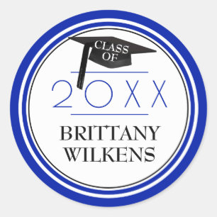 Class of Grad Cap & Year Royal Blue & White Classic Round Sticker