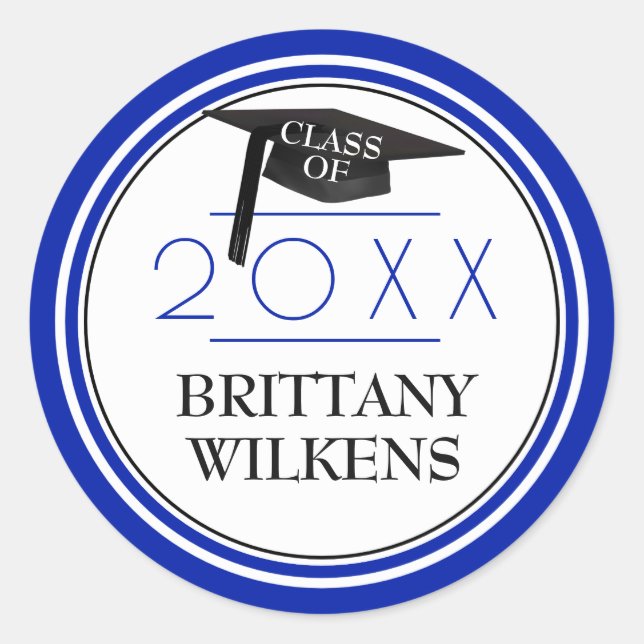 Class of | Grad Cap & Year | Royal Blue & White Classic Round Sticker (Front)