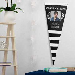 Class Of Grad Name Black White Stripe Laurel Photo Pennant Flag