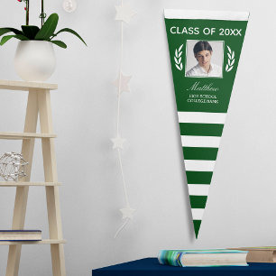 Class Of Grad Name Green White Stripe Laurel Photo Pennant Flag
