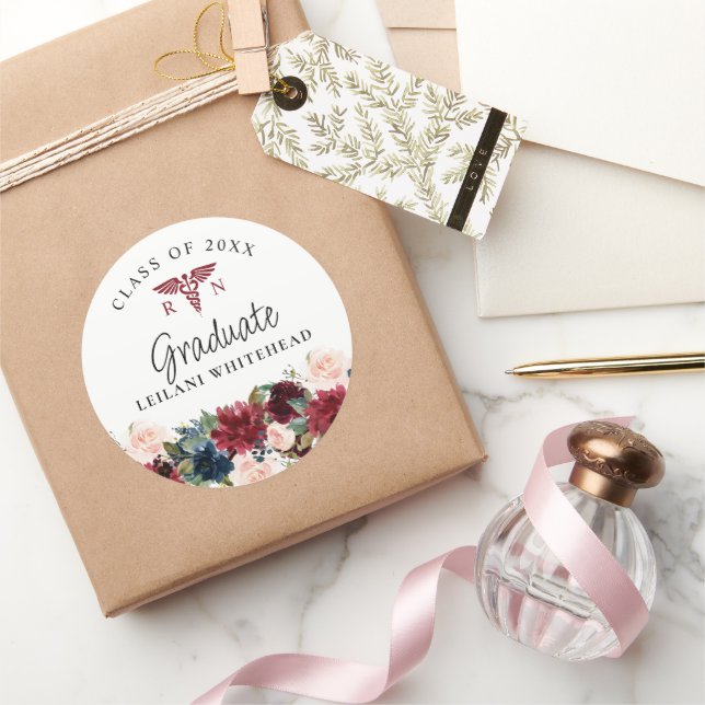Class of Nursing Graduate Burgundy Floral Classic Round Sticker (Gifting)