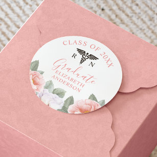 Class of Nursing Graduate Pink Floral Watercolor Classic Round Sticker