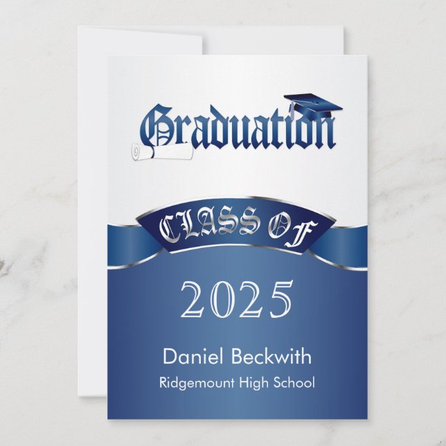 Class of, silver blue Mortar & diploma Graduation Invitation (Front)
