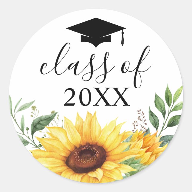 Class of Sunflower Floral Watercolor Classic Round Sticker (Front)