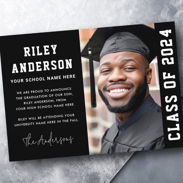 Class of year 2024 modern black graduation photo announcement (Class of year 2024 modern black graduation photo announcement)