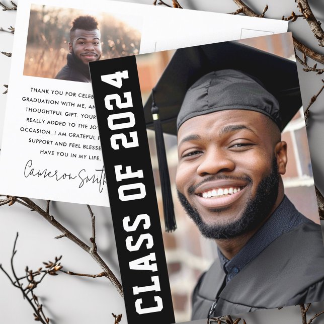Class of year 2024 modern black graduation photo postcard (Class of year 2024 modern black graduation photo postcard)