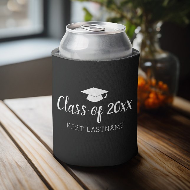 Class of Year and Name - Black Can Change Colour Cooler (Personalized can cooler with a place to add a name or other custom text - graduation theme)