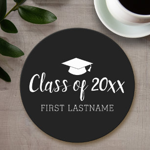 Class of Year and Name - Black Can Change Colour Round Paper Coaster