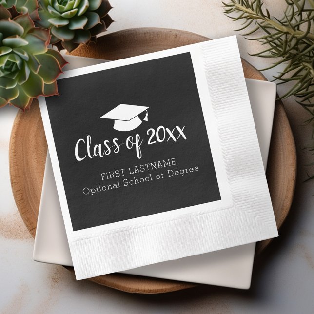 Class of Year and Name Graduation Cap Black White Napkin (Custom Graduation Napkins - Personalize these for the Grad Party)