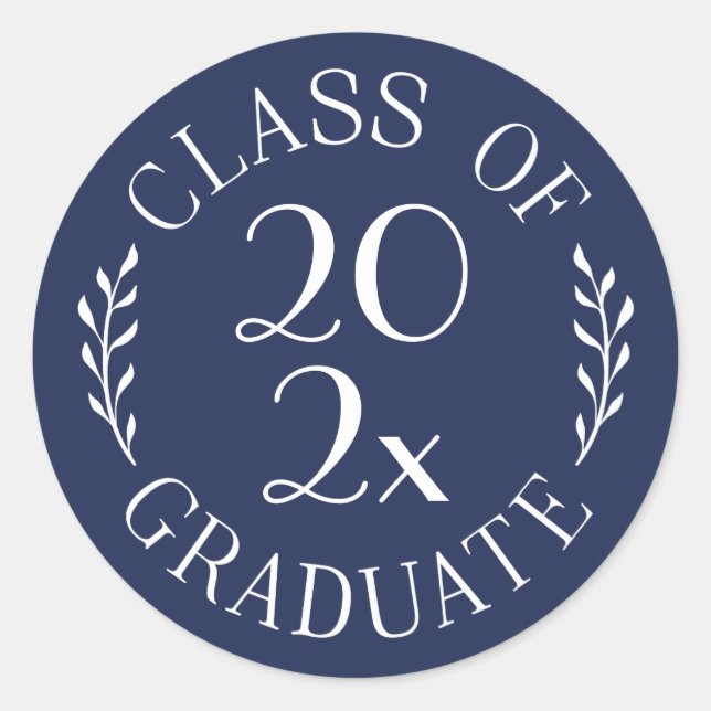 Class of Year Graduate Chic Navy Blue White Emblem Classic Round Sticker (Front)
