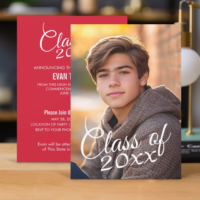 Class of Year Script with Graduation Photo Invitation (Classic Graduation Announcement and Party Invitation)