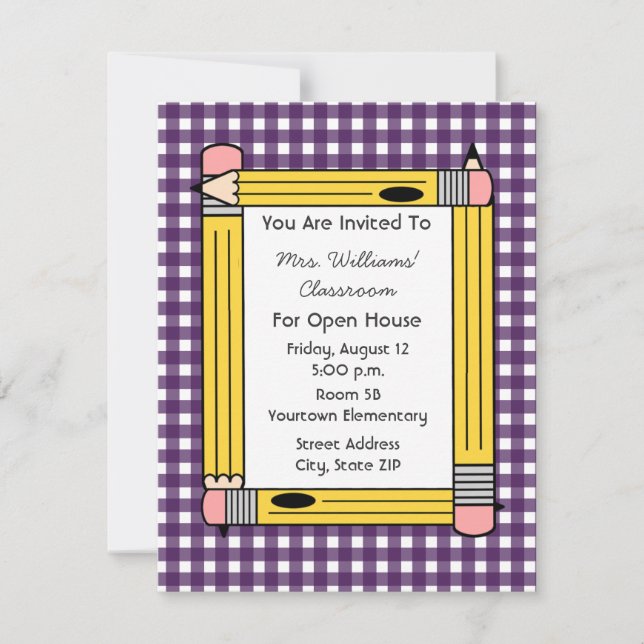 Class Open House: Yellow Pencils, Purple Gingham Invitation (Front)