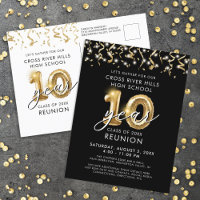 Class Reunion 10 Year Black Gold Balloons Invite