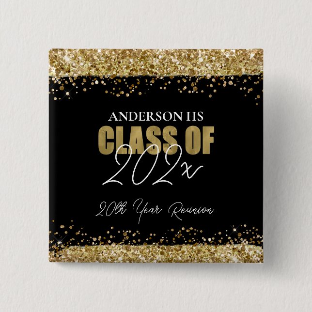 Class Reunion Black and Gold Glitter  15 Cm Square Badge (Front)