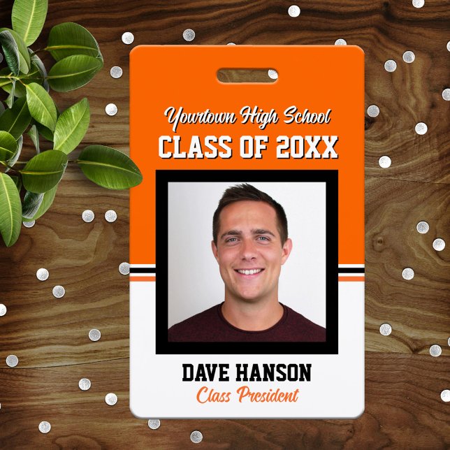 Class Reunion Black and Orange Photo ID Badge (Creator Uploaded)