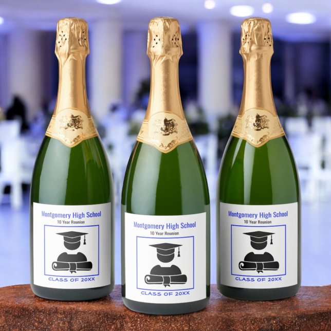 Class Reunion Black Blue Custom Sparkling Wine Label (High School Reunion Sparkling Wine Label)
