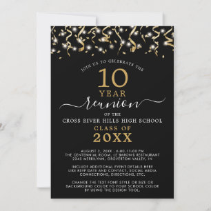 Class Reunion Black Gold Confetti Streamers Invitation