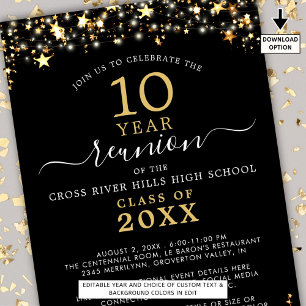 Class Reunion Black Gold Stars Lights Any Year Invitation