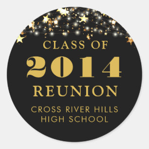 Class Reunion Black Gold Stars String Lights Classic Round Sticker