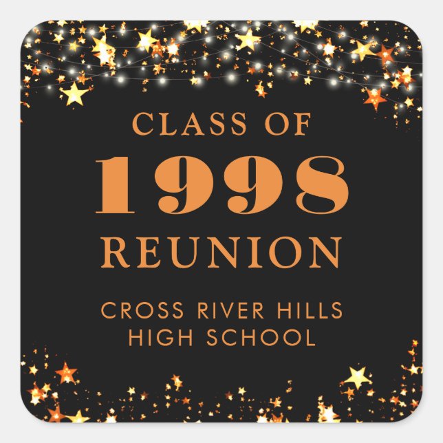 Class Reunion Black Orange Gold Stars Personalised Square Sticker (Front)
