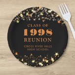 Class Reunion Black Orange Stars Personalised Paper Plate<br><div class="desc">Celebrate with classmates at your school or college class reunion with these personalised and custom colour paper plates for any graduating class (the year is editable) with your class year and school name. The design features orange stars and string lights against an editable black background colour and text colours you...</div>