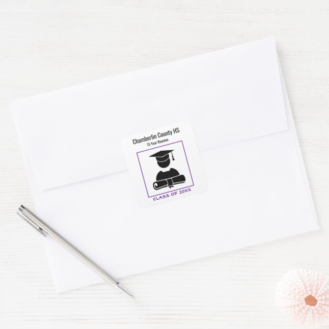 Class Reunion Black Purple Custom Designed Square Sticker (Envelope)