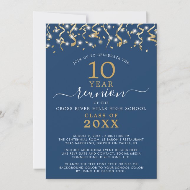 Class Reunion Blue Gold Confetti Streamers Invitation (Front)