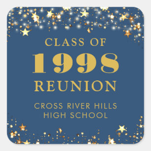Class Reunion Blue Gold Stars Personalised Square Sticker