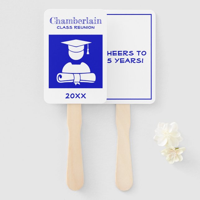 Class Reunion Blue White Custom Hand Fan (Front and Back)