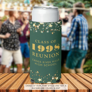 Class Reunion Dark Green Gold Stars Personalised Seltzer Can Cooler