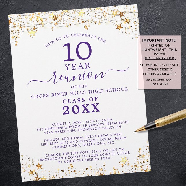 Class Reunion Gold Stars Purple Invitation Flyer (Creator Uploaded)